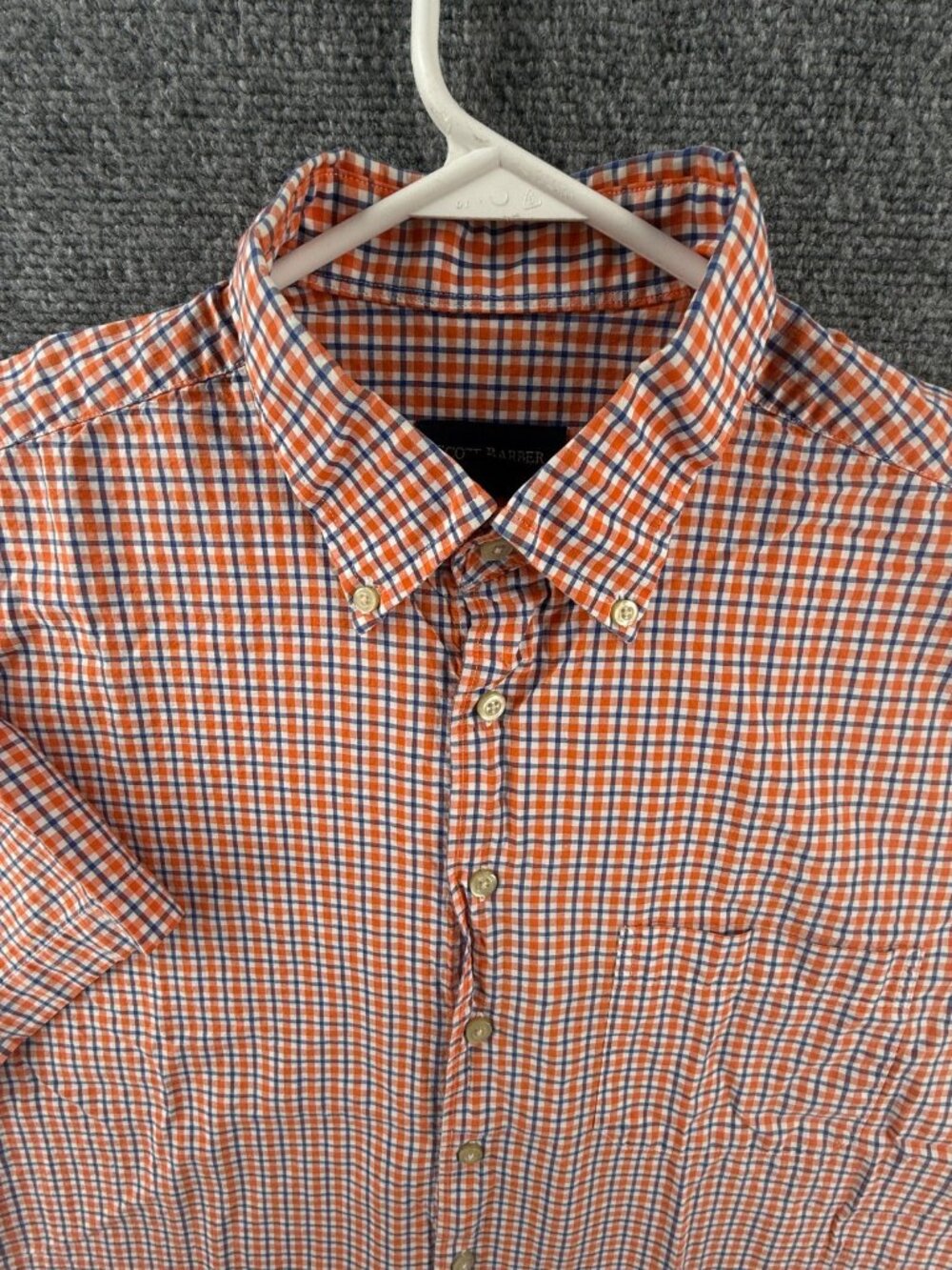 Scott Barber Orange Blue Check Button Up Shirt Men Short Sleeve Cotton Large